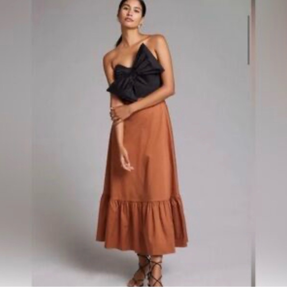Anthropologie Black and Tan Midi Dress with Ruffle Hem